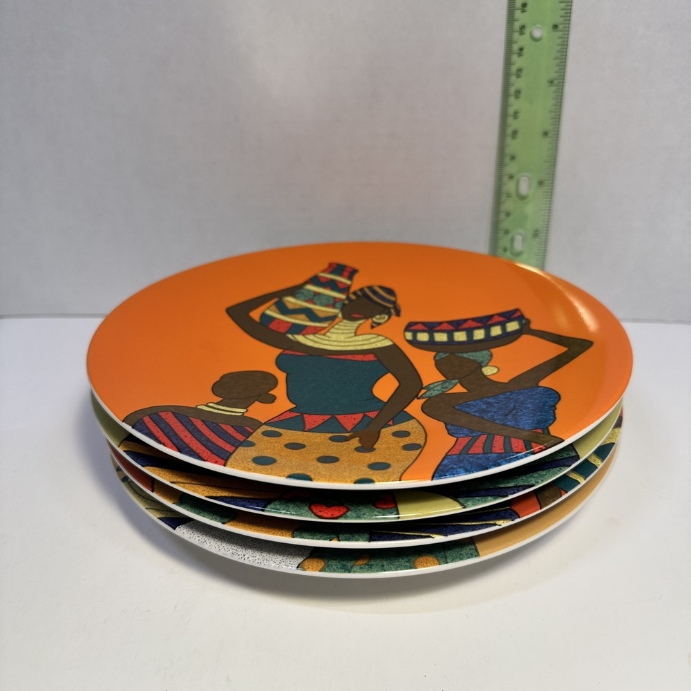 VTG Pier 1 Zera African Women Stoneware Plates Set 4 Swahili Art 8in Indonesia
